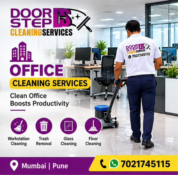 Doorstep Cleaning Services staff member using a floor scrubbing machine in an office